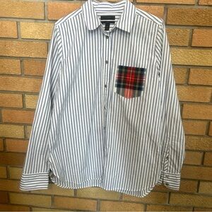J. Crew Boy Fit Blue White Striped Plaid Button Down Blouse Oxford Top Size 4